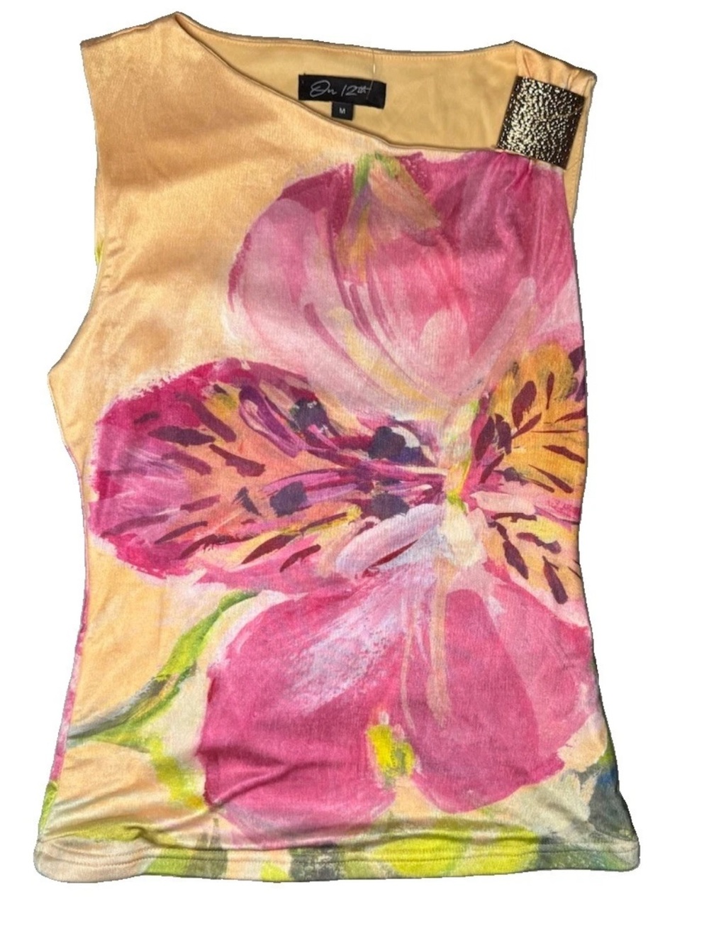 NWT Y2K Glam Sleeveless Top Pink Orange Orchid Floral Gold Shoulder Women Medium